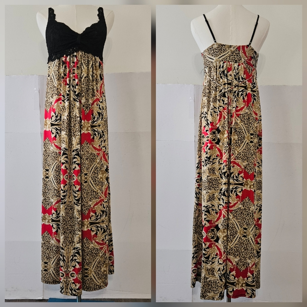 In Bloom by Jonquil Size S/P Black Gold Red Women's Maxi Nightgown Dress with Bl